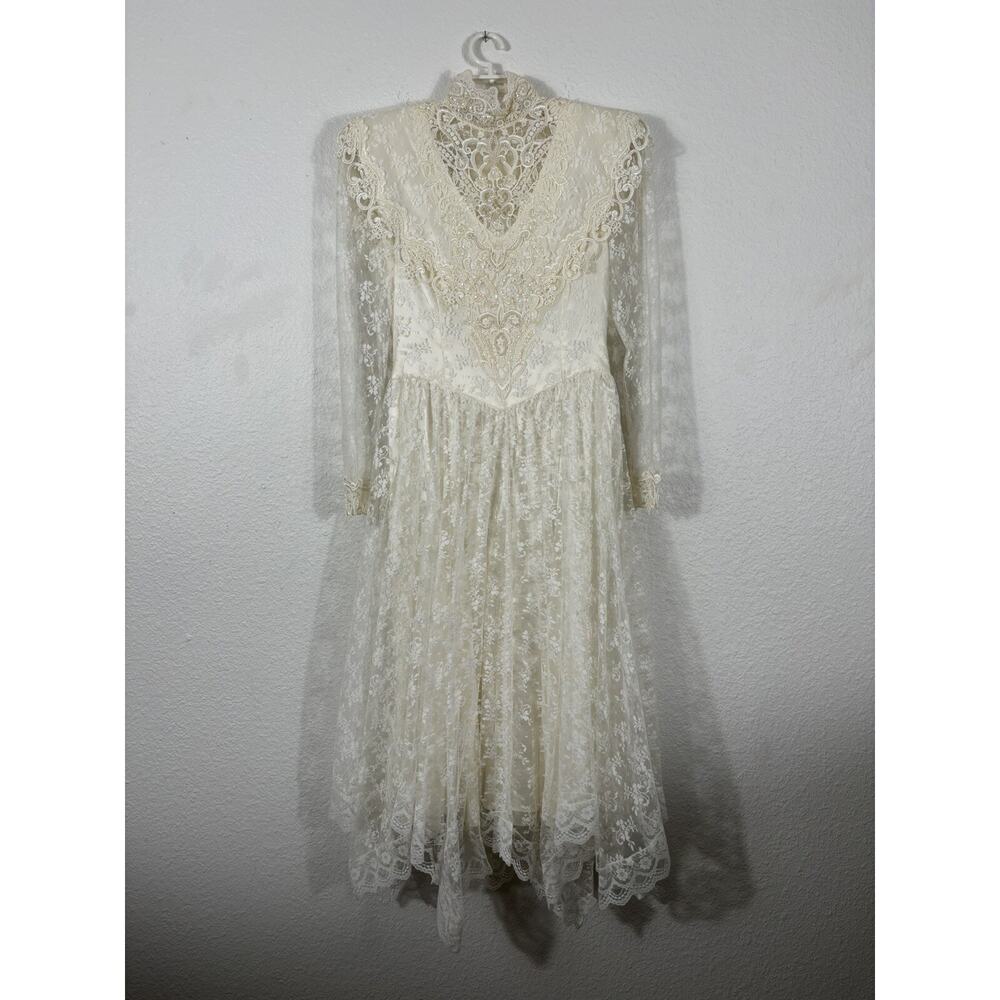 Vintage Jessica McClintock Bridal Dress Size M Ivory Lace Polyester Long Sleeve